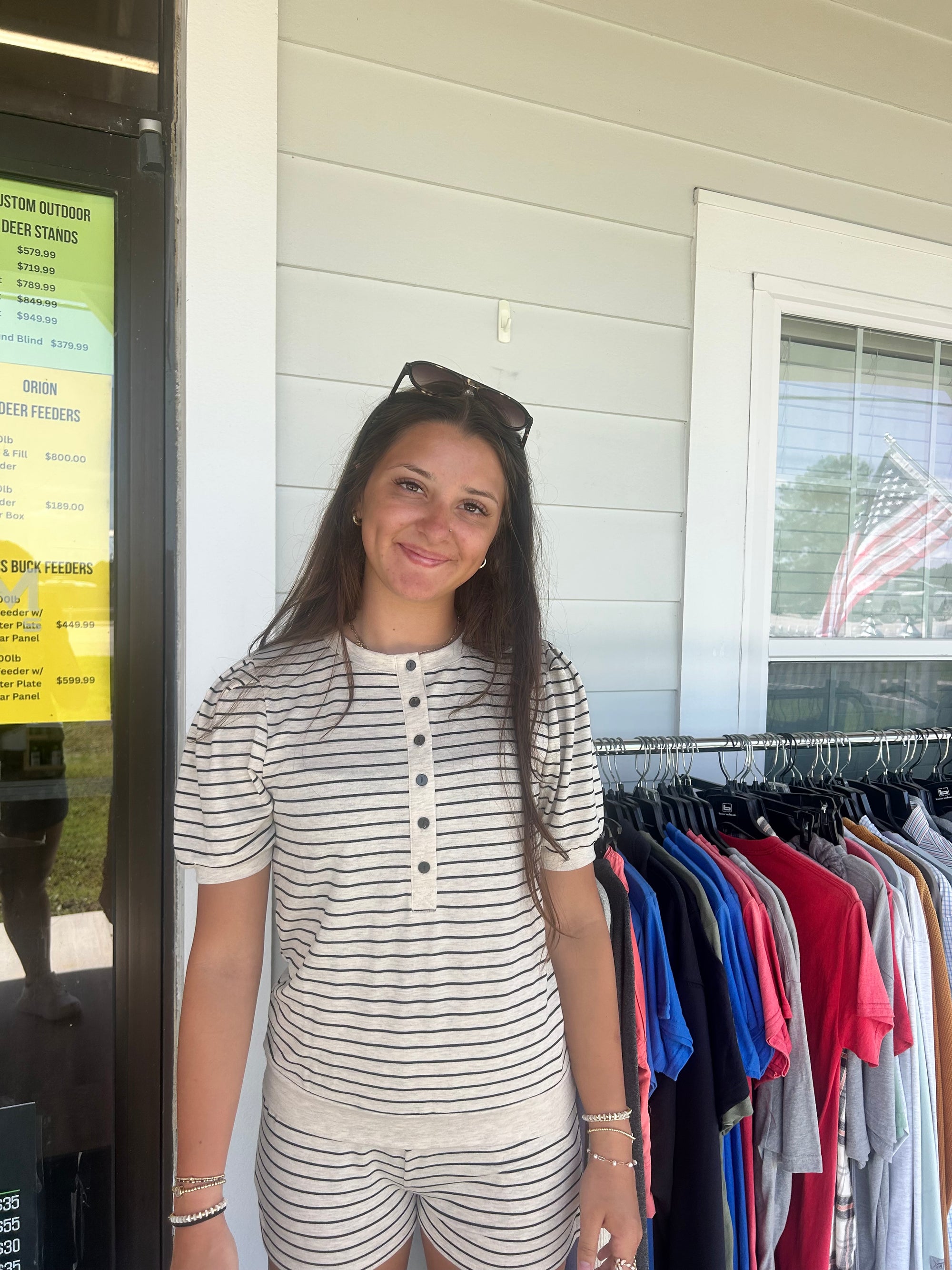 Beige/Striped 2 Piece Set (Short Sleeved/Shorts)