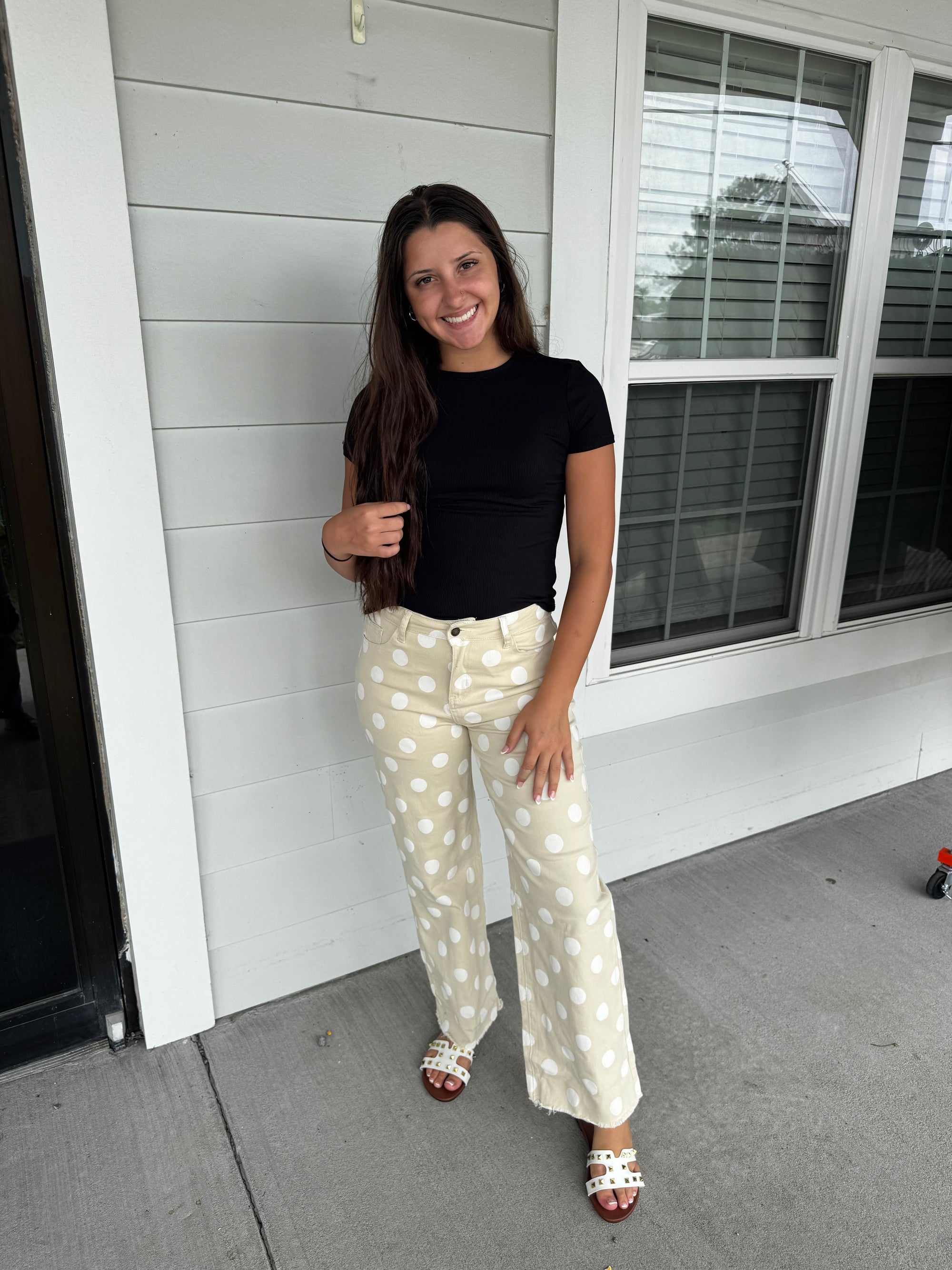 Ladies Polka Dot Frayed Edge High Waisted Jeans
