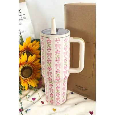 Cream/Pink Floral & Bows Pop-Up Straw 40oz Tumbler