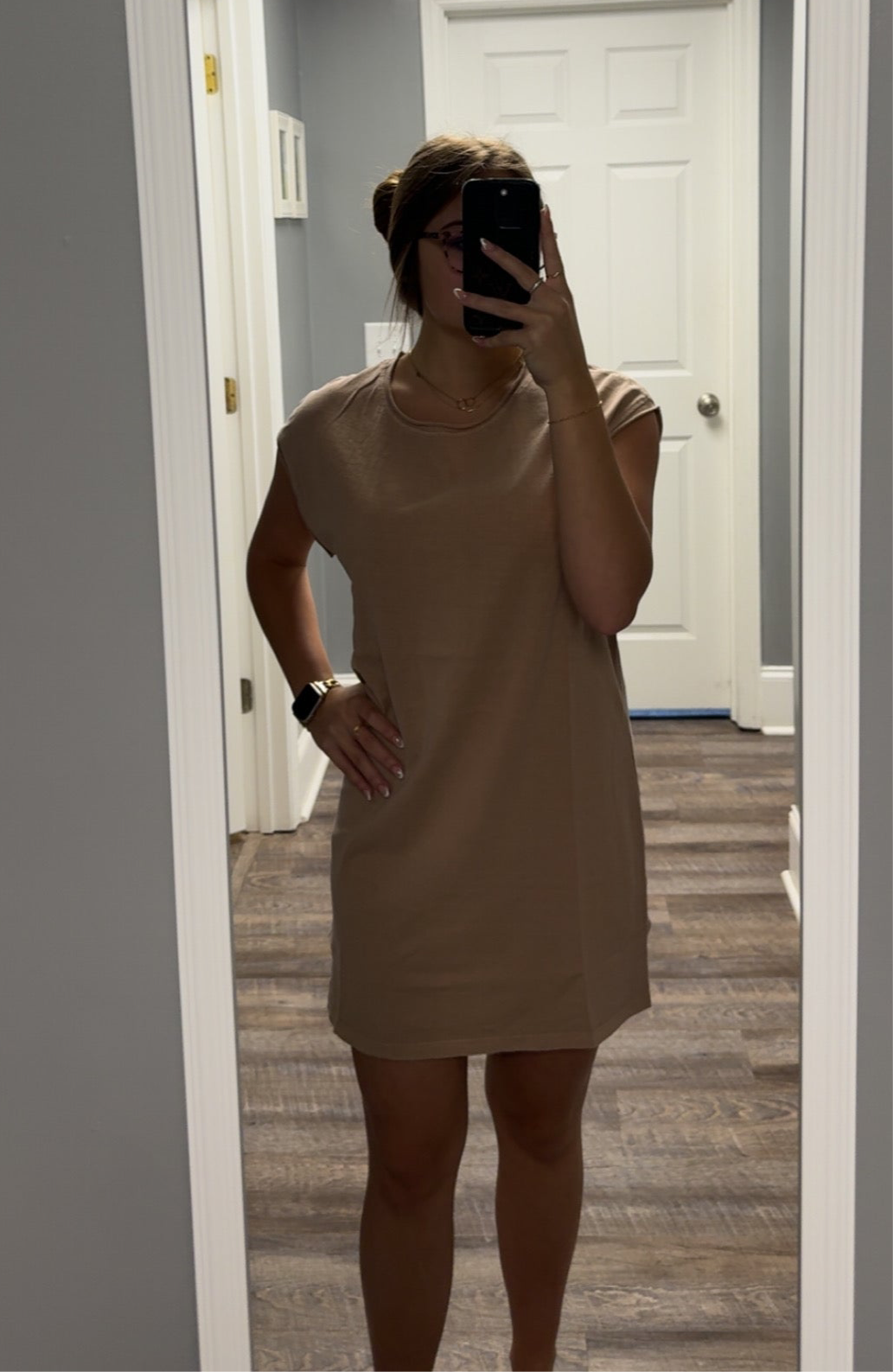 Dark Taupe Cuffed Short Sleeve Cotton Dress