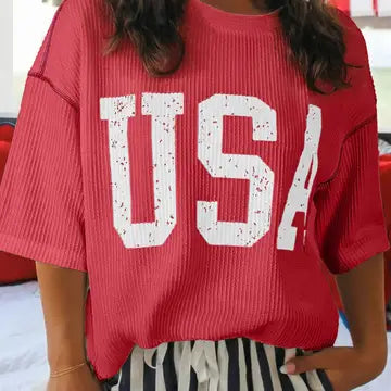 USA Ribbed Graphic Tee Loose Fit Flag Day July 4th