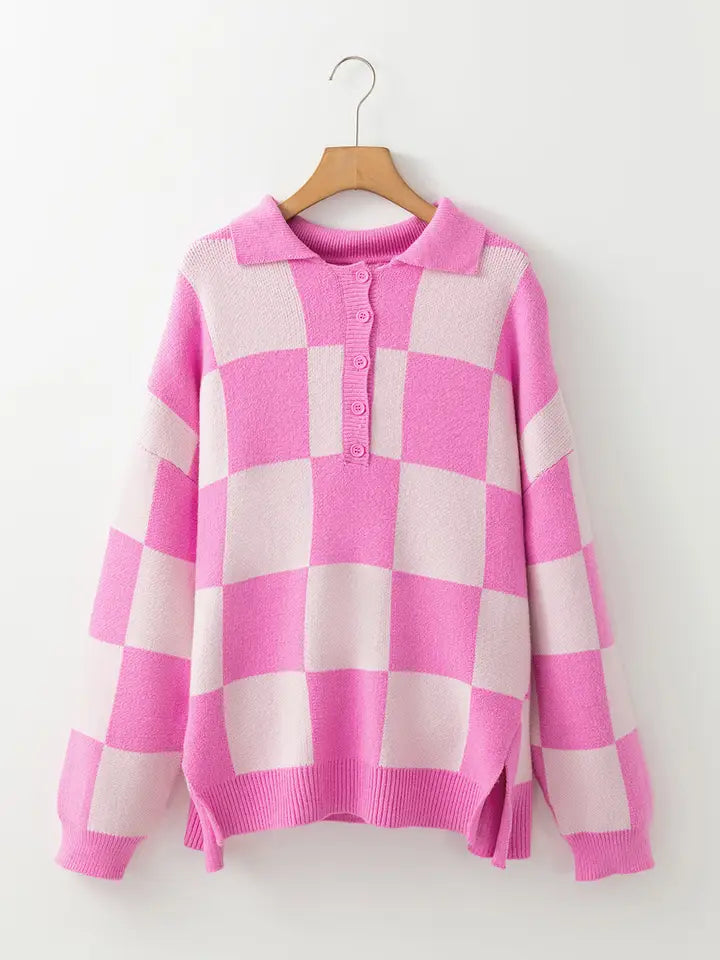 Pink Checkered 1/2 Button Collared Sweater