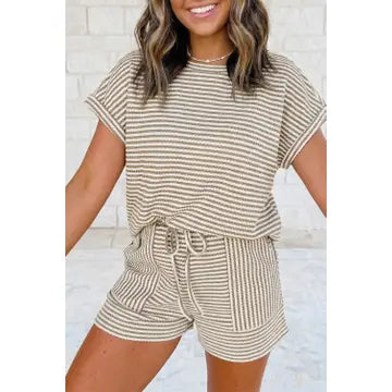 Brown/Cream Striped Textured Knit Set (2 Piece)