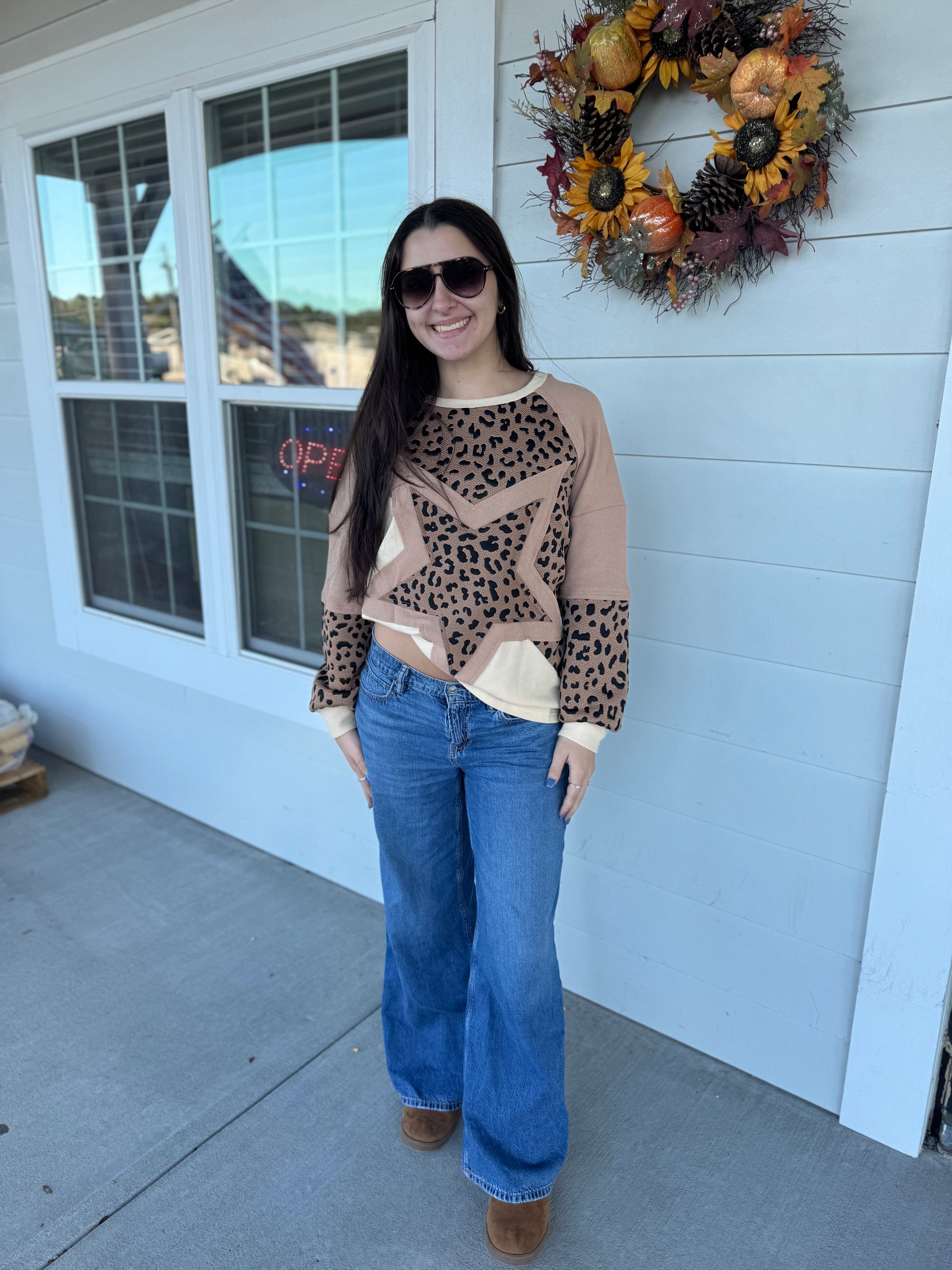 Leopard Star Patch Long Sleeve Sweater