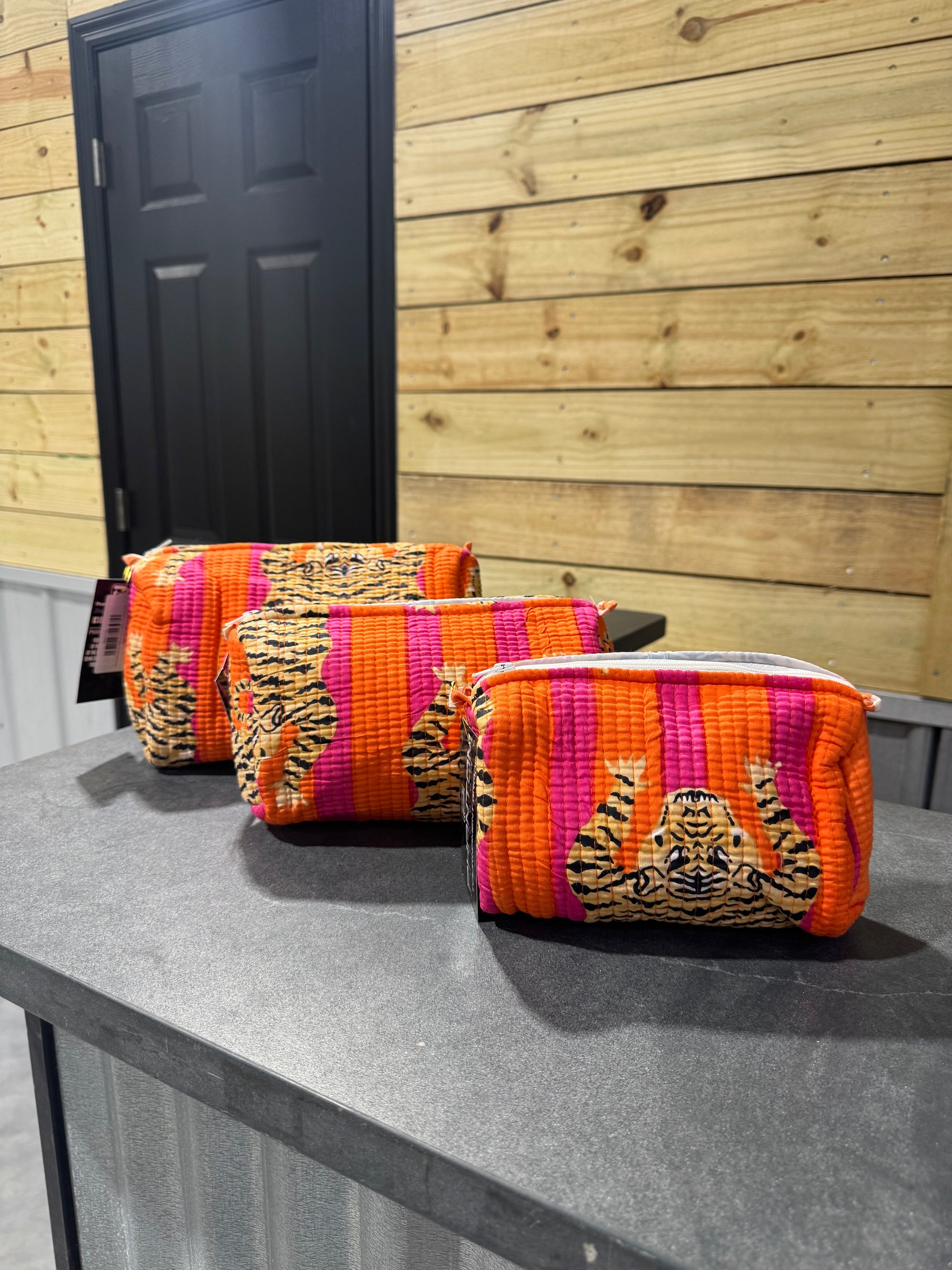 Orange/Pink Tiger Print Quilted Cosmetic Bag