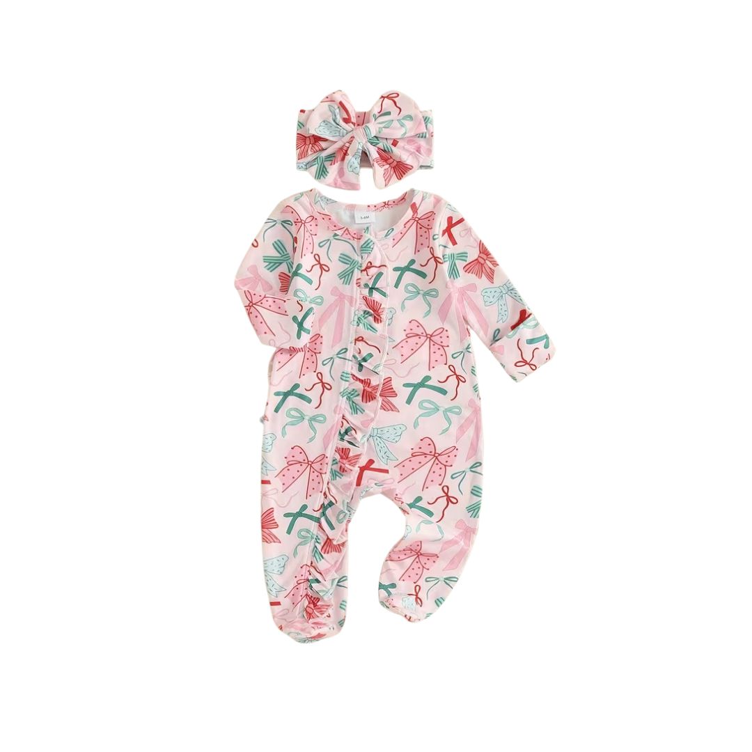 Bow Print Long Sleeve Romper with Headband