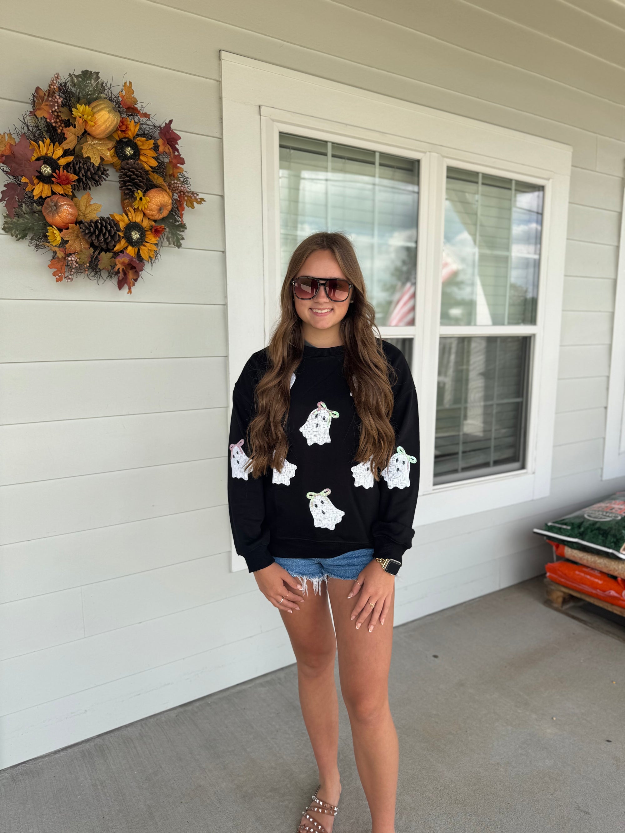Halloween Sequin Bow Ghost Sweatshirt