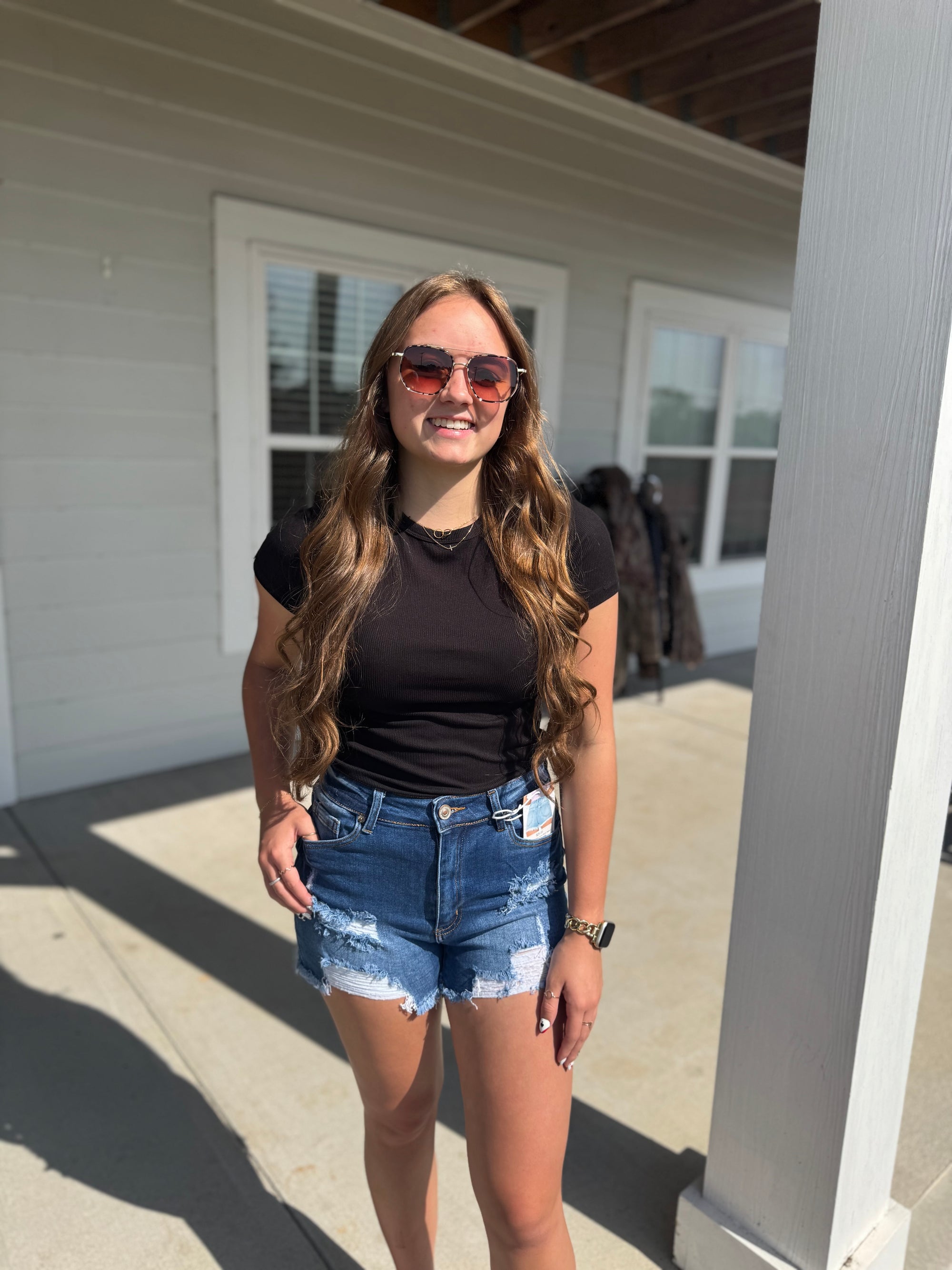 Mid-Rise Destressed Denim Shorts