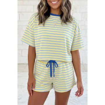Butter Yellow/Blue Striped Short Sleeve 2 Piece Pocket Shorts Set
