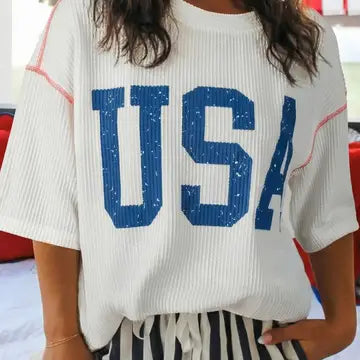 USA Ribbed Graphic Tee Loose Fit Flag Day July 4th