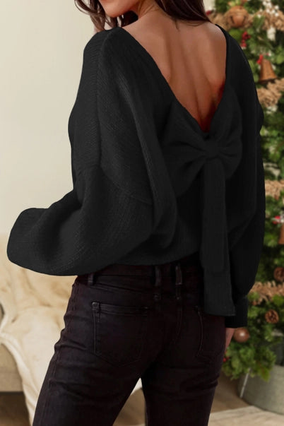 Bow Backless Crewneck Bubble Sleeve Sweater