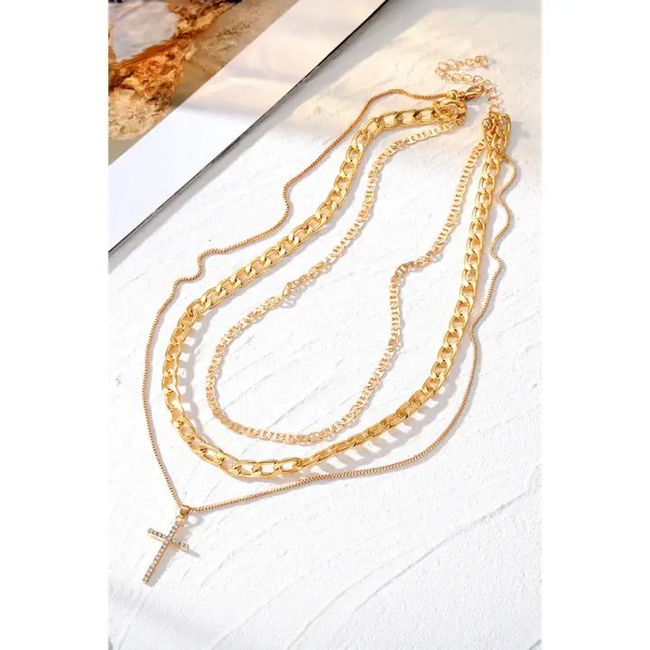 Cross Pendant Multi Layer Stacked Necklace