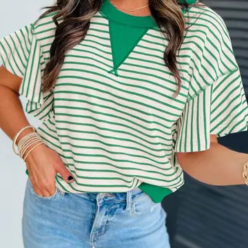 Green/White Striped Ruffle Short Sleeve Top