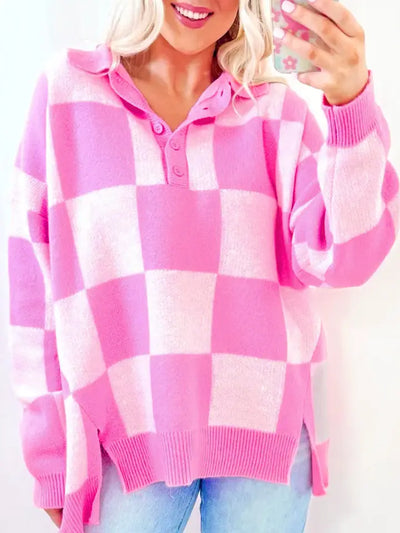 Pink Checkered 1/2 Button Collared Sweater