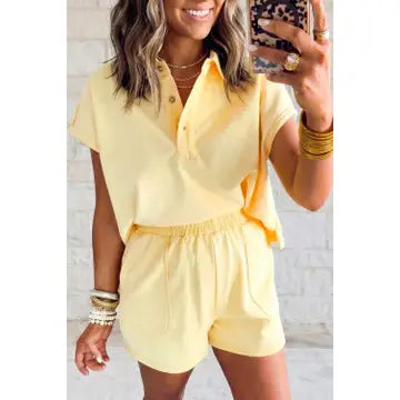 Loose Polo Tee Shorts Sleeve Elastic Waist Short Set (2 Piece)