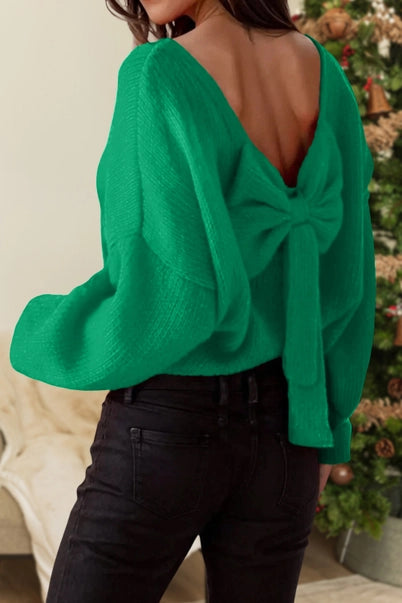 Bow Backless Crewneck Bubble Sleeve Sweater