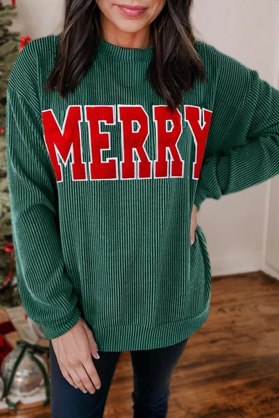 Green Ribbed Merry Red Letter Christmas Graphic Sweater