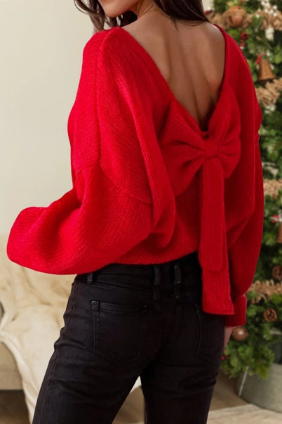 Bow Backless Crewneck Bubble Sleeve Sweater