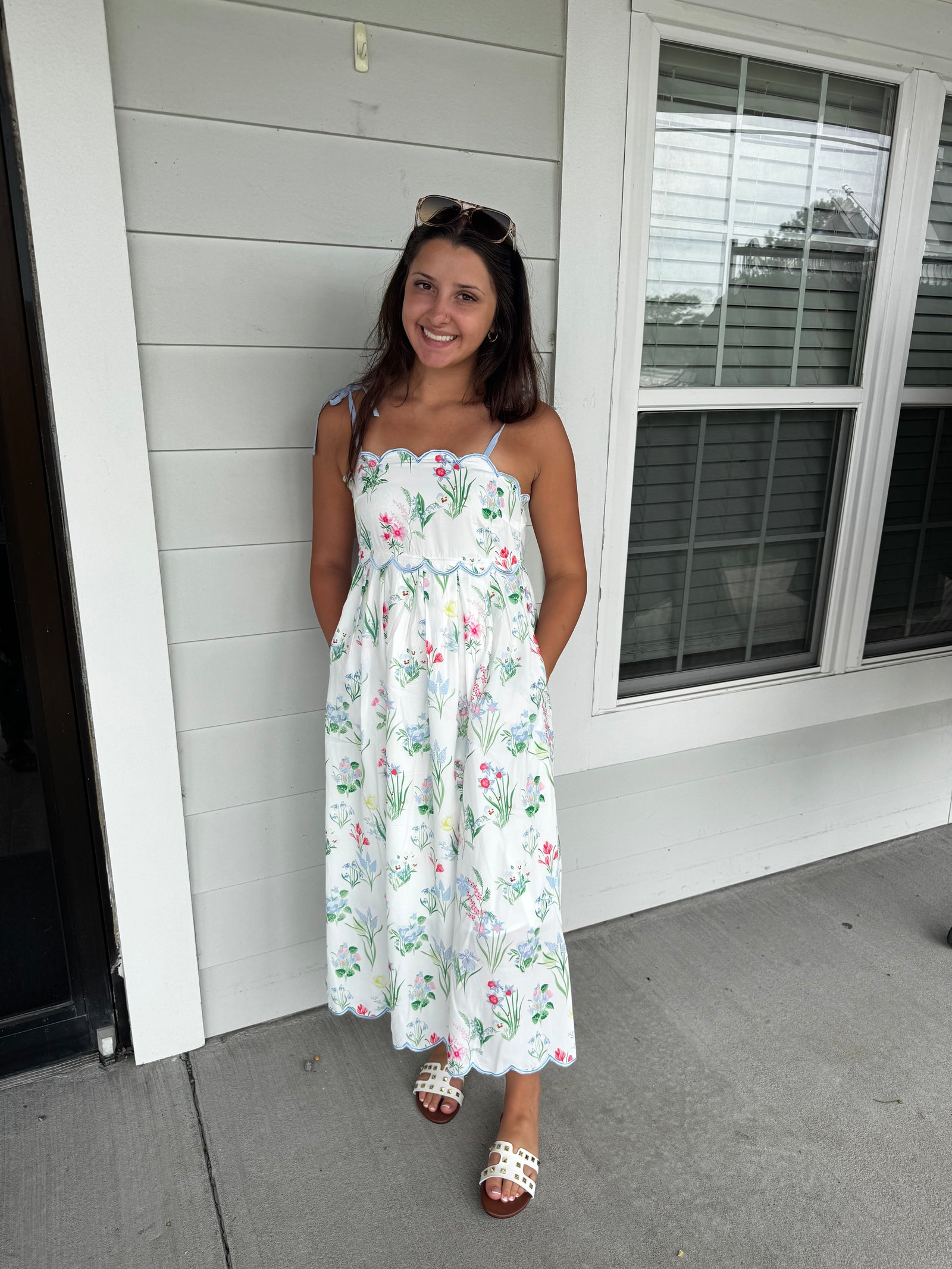Beige Floral Midi Dress