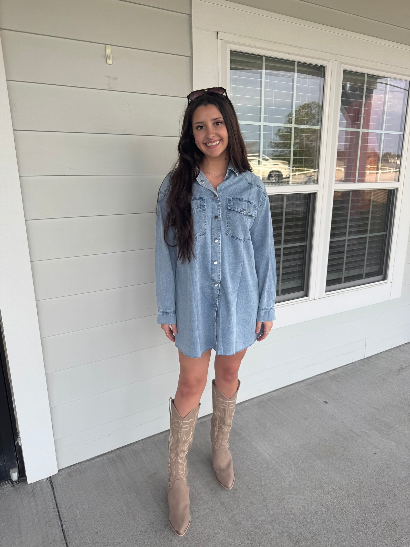 Pocket Raw Hem Denim Loose Shirt Dress