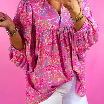 Hot Pink Abstract Collared V Neck Blouse