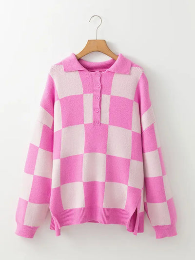Pink Checkered 1/2 Button Collared Sweater