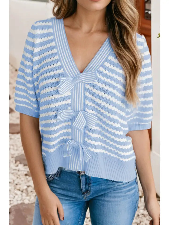 Striped V-Neck Short Sleeve Sweater