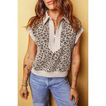 Beige Zip Up Collared Leopard Cap Sleeve Top