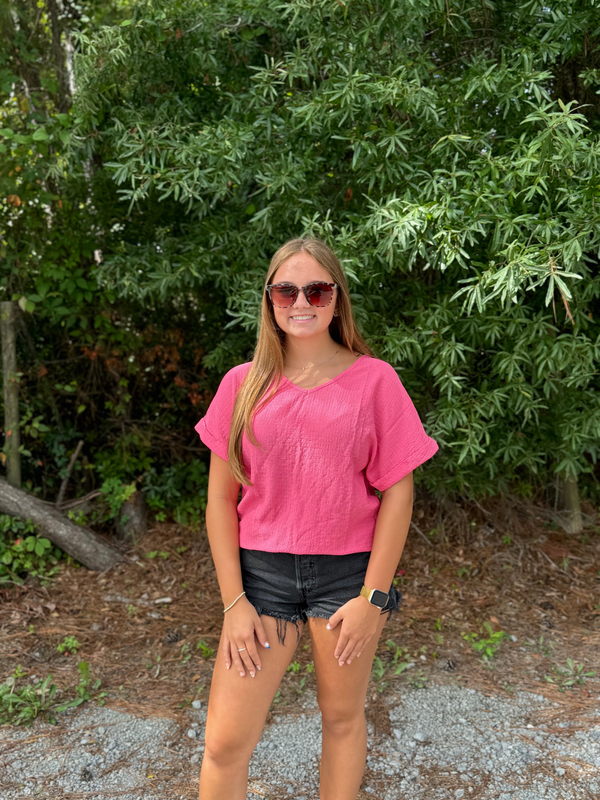 Solid Pink Textured V-Neck Top