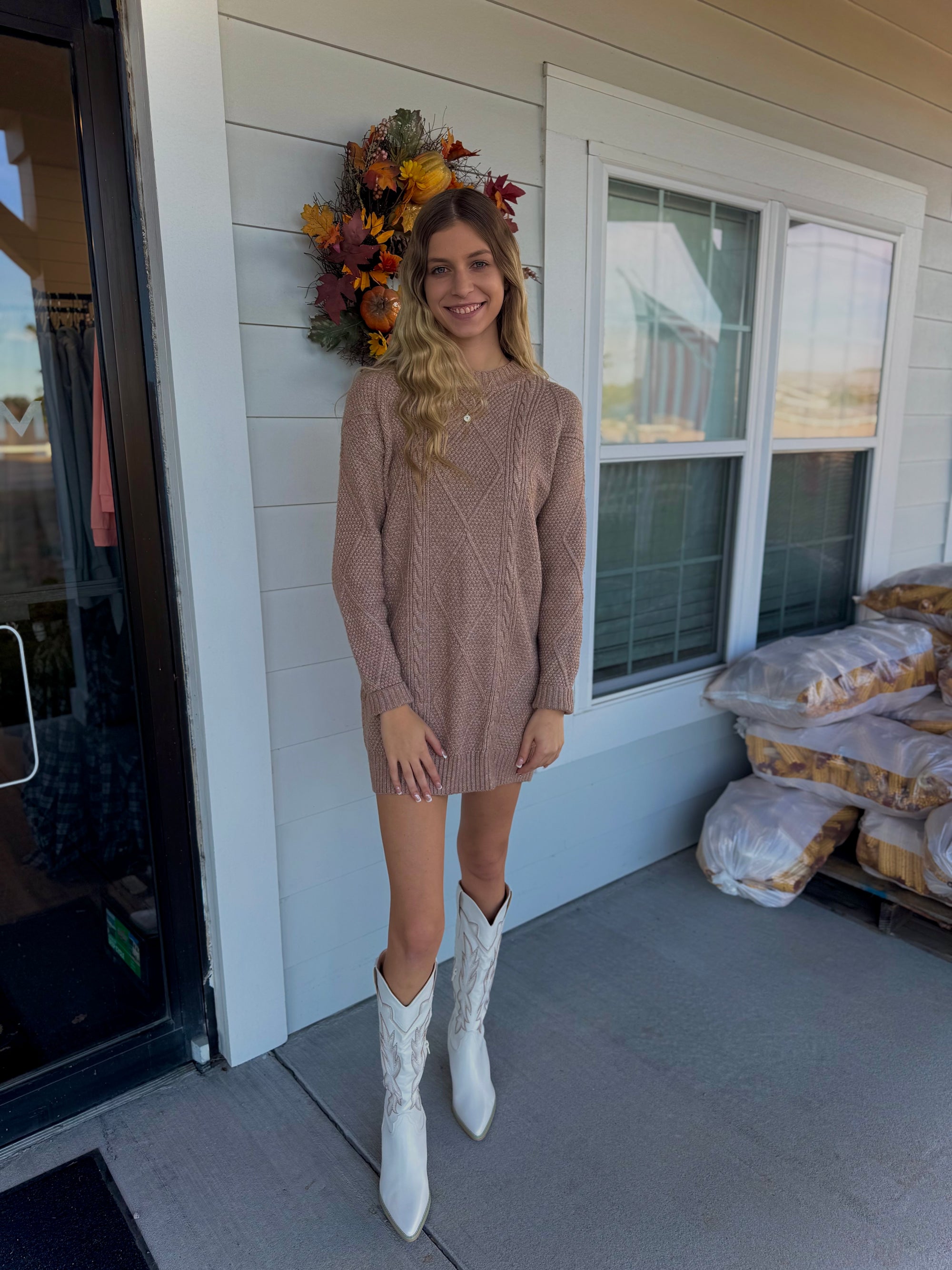 Light Brown Long Sleeve Knitted Sweater Dress