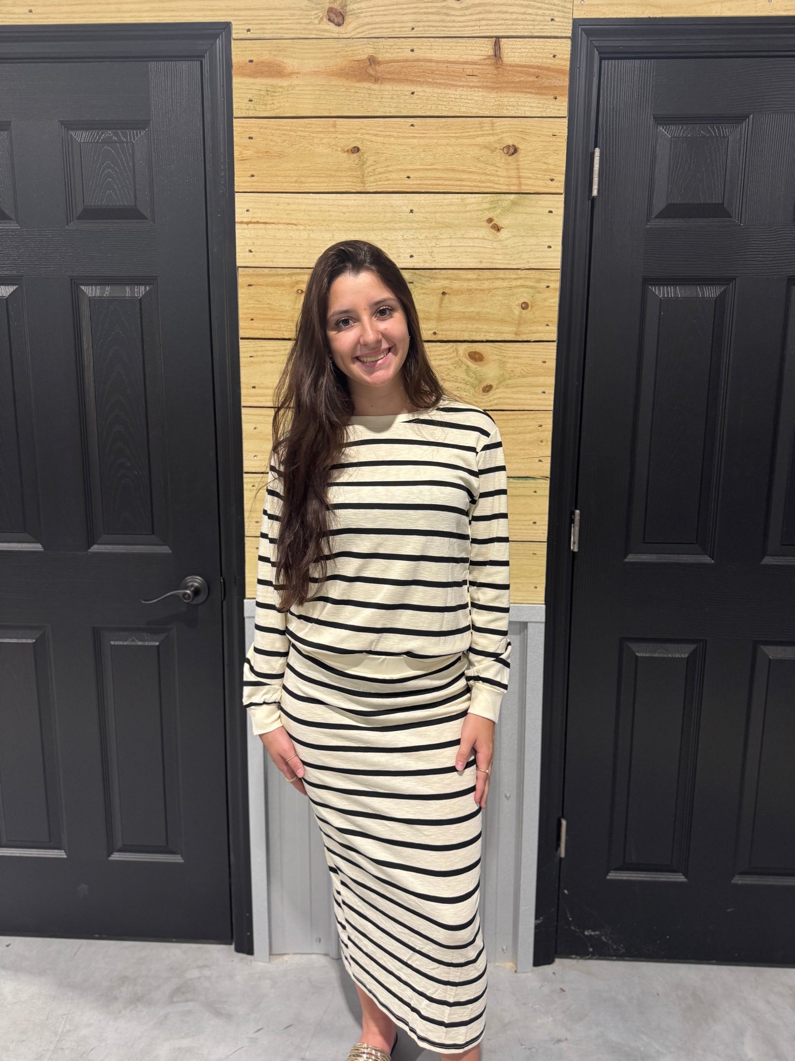 Striped Button Cuff Top & Skirt