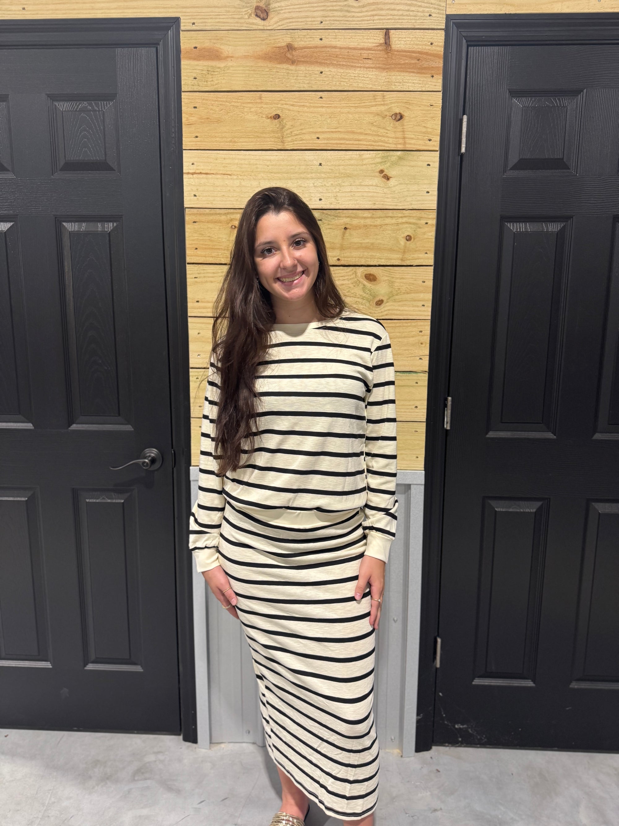 Striped Button Cuff Top & Skirt