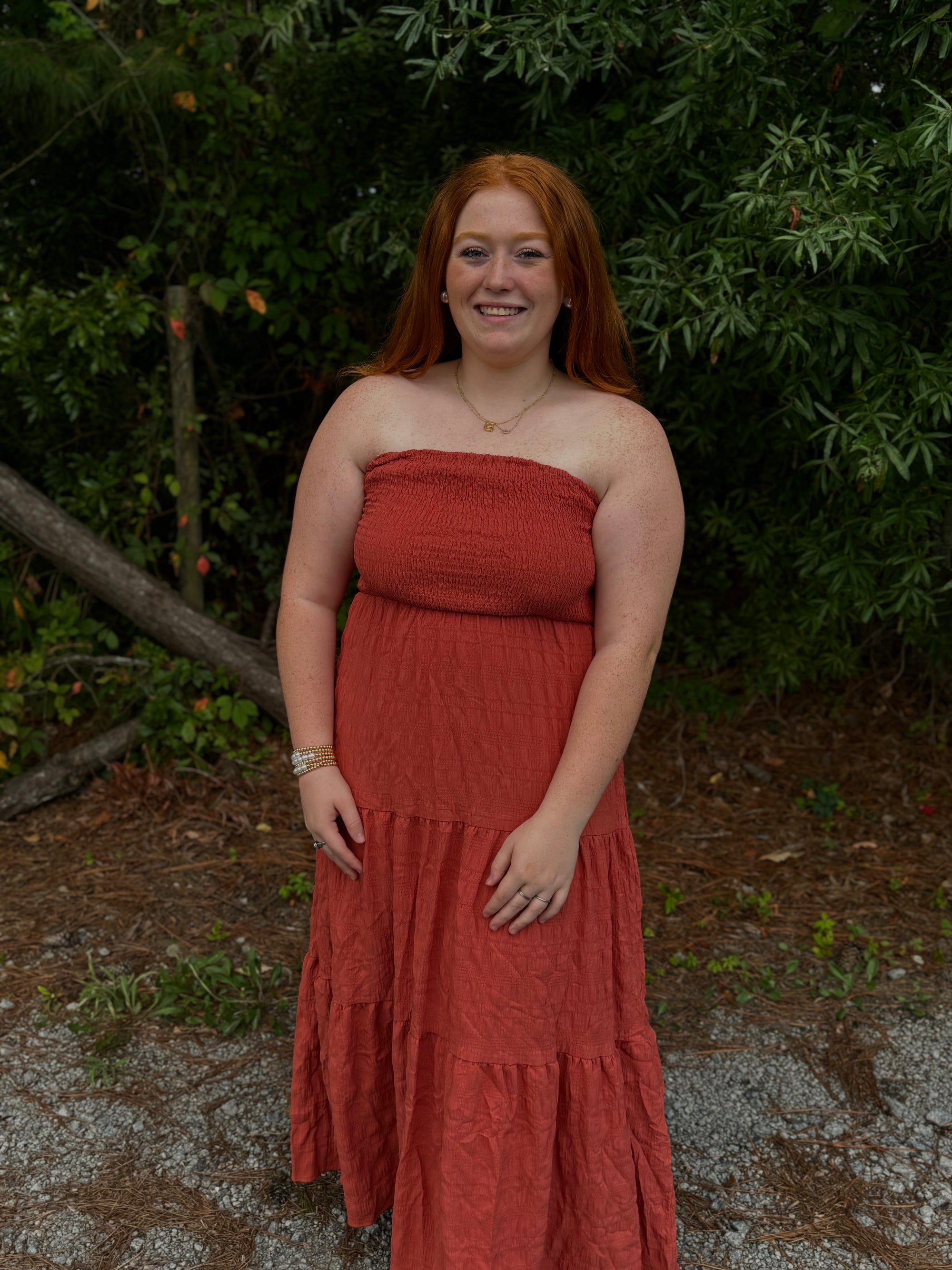 Ruffle Hem Brick Red Tube Top Long Dress