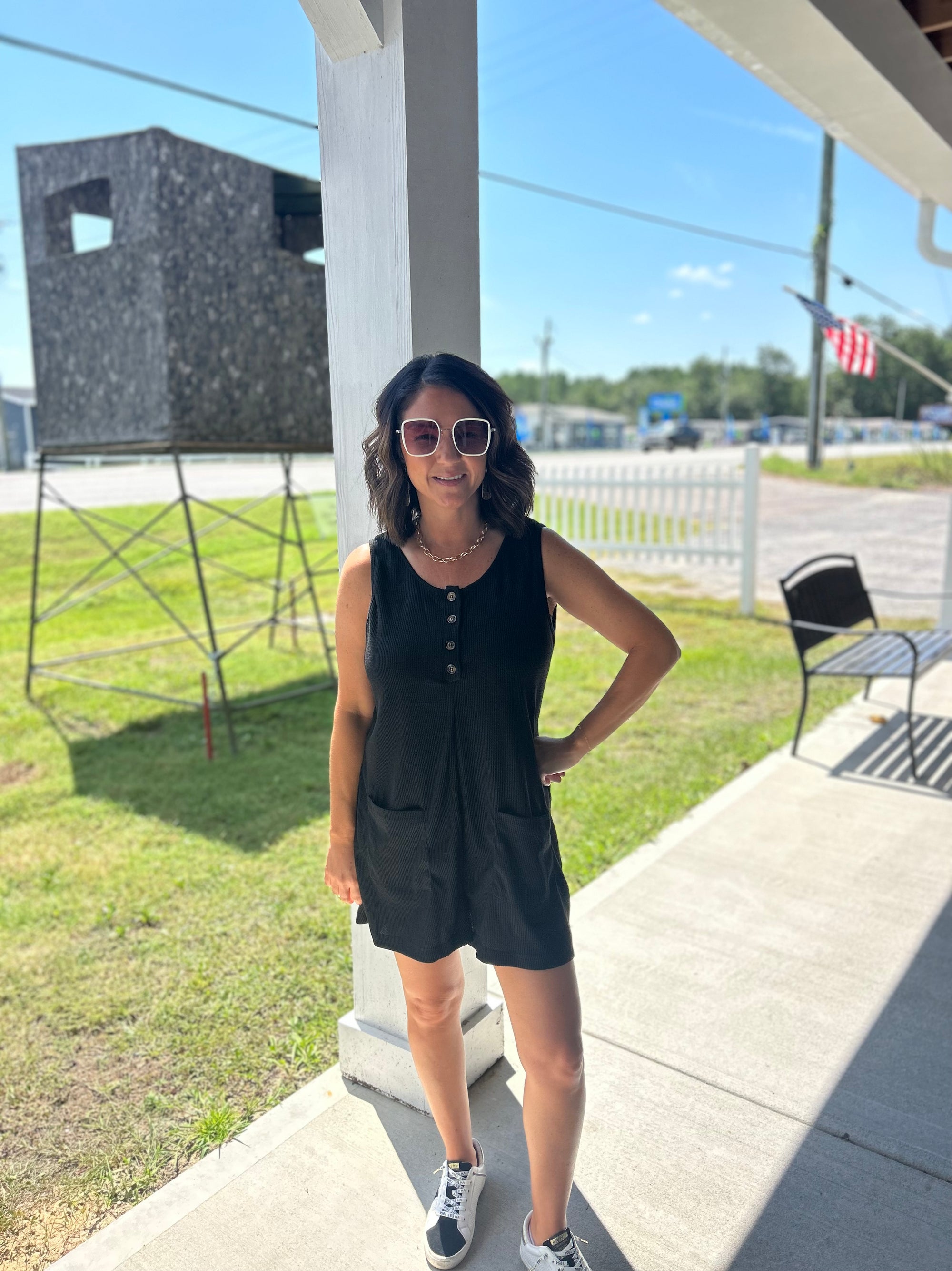 Button Black Romper with Pockets