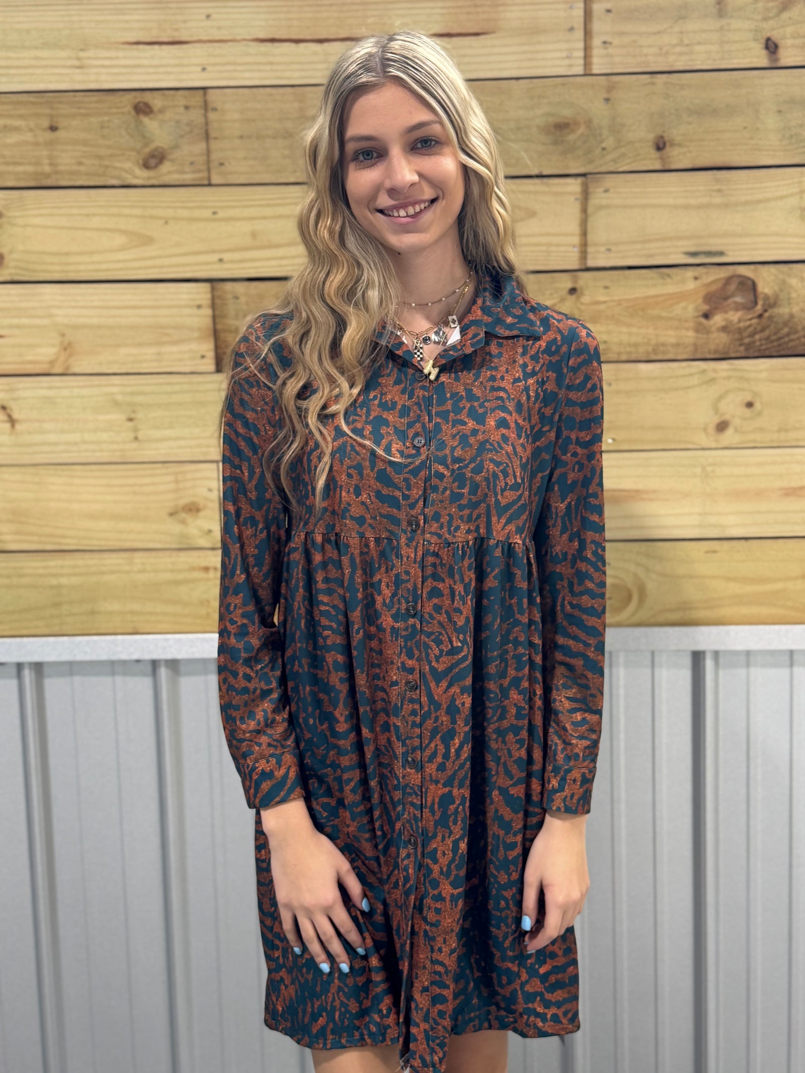 Teal Leopard Print Button Up Dress