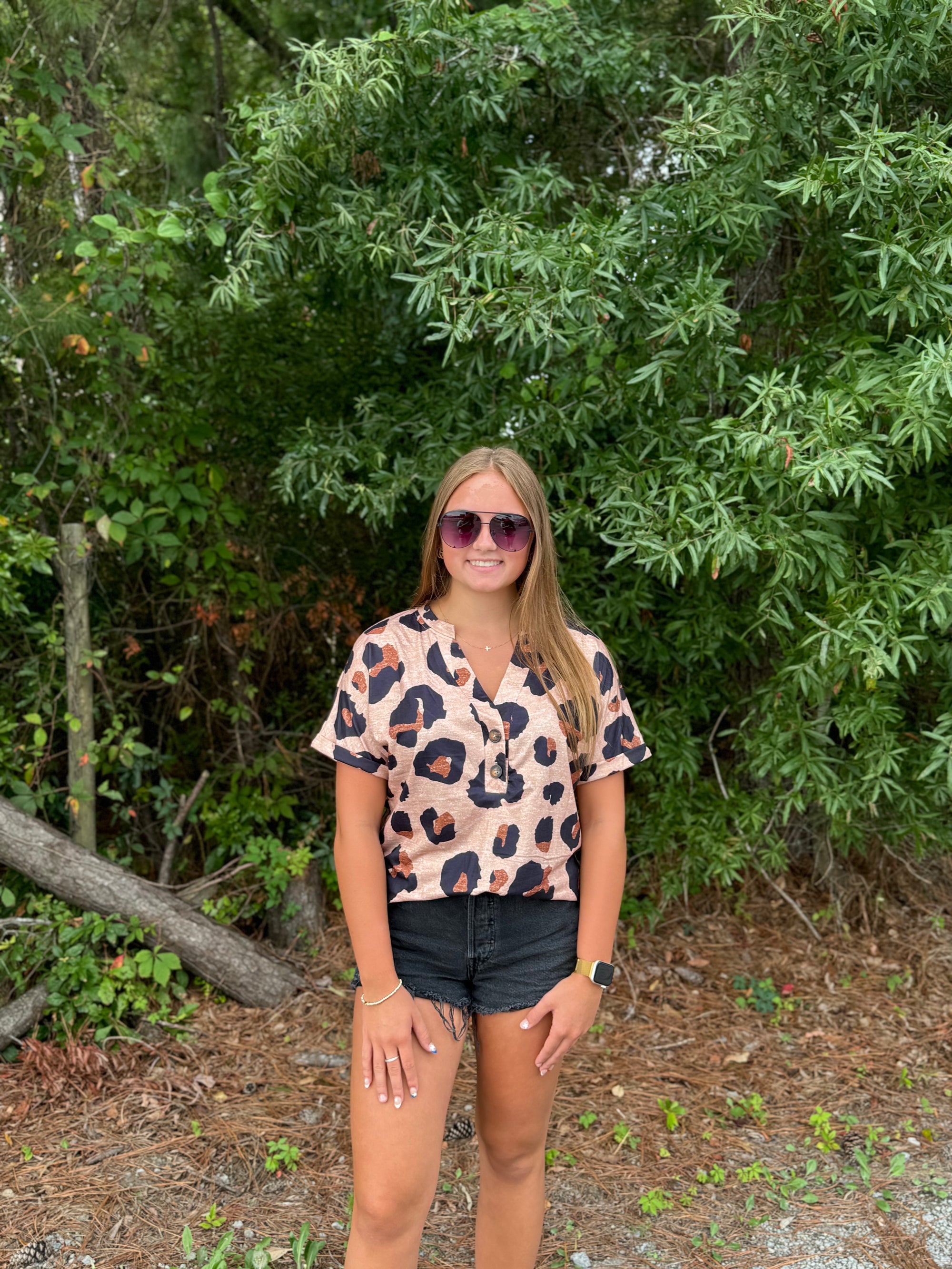 Leopard Print Button V Neck T-Shirt