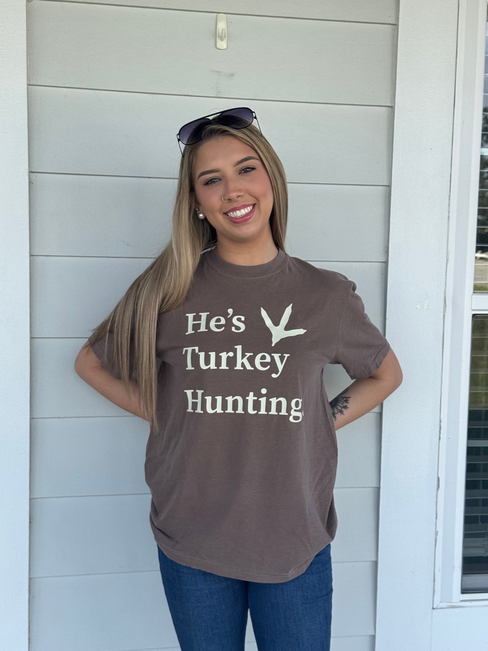 Ladies Espresso Brown "He's Turkey Hunting" T-Shirt
