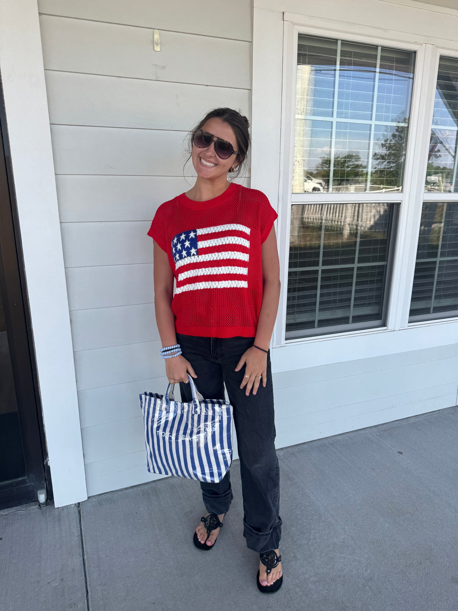 Patriotic Short Sleeve American Flag Sweater
