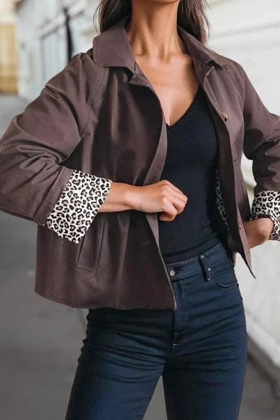 Brown Chic Collared Buttoned Leopard Liner Patchwork Jacket