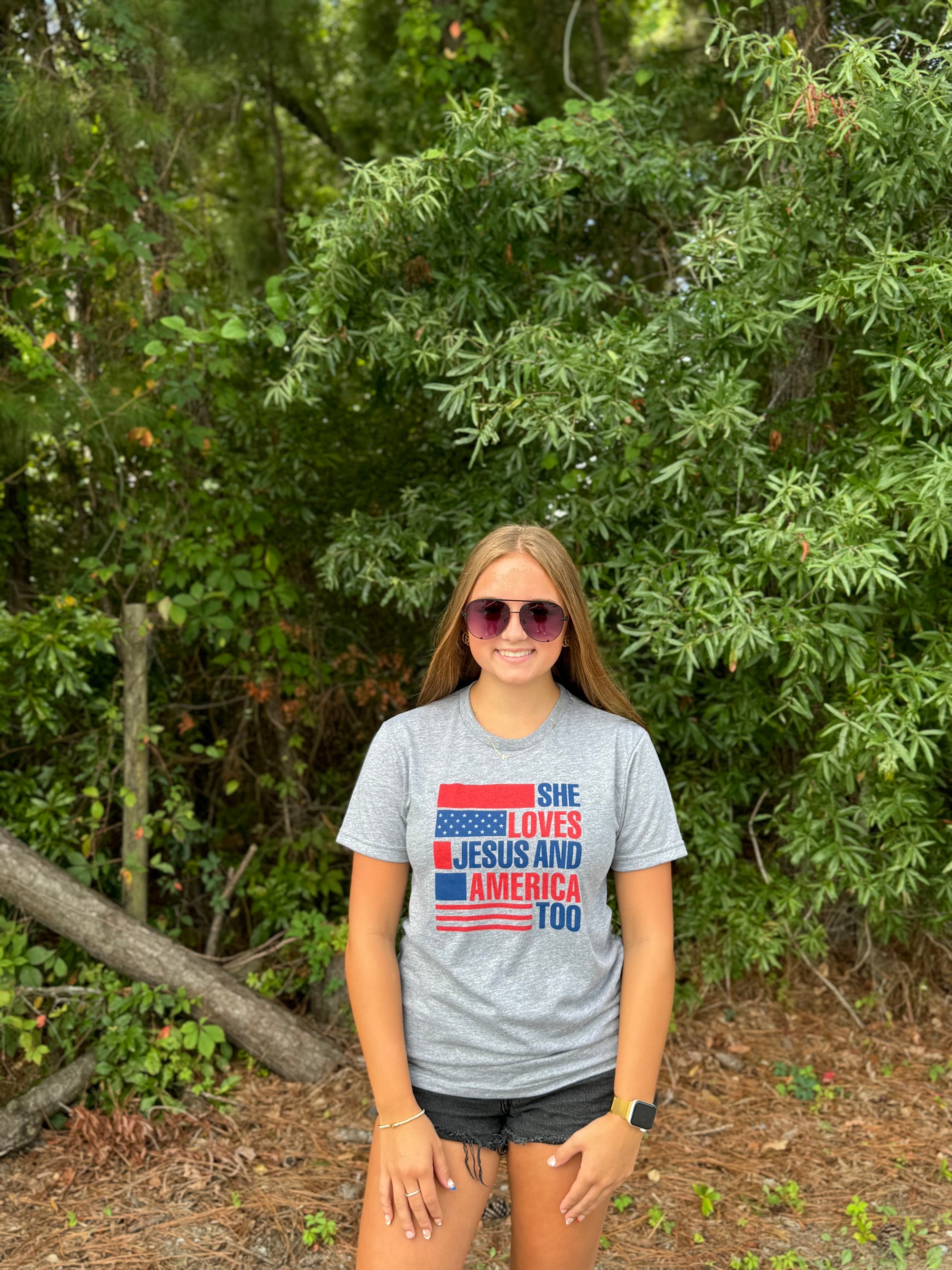 Ladies "SHE LOVES JESUS AND AMERICA TOO" Tri-Blend Shirt