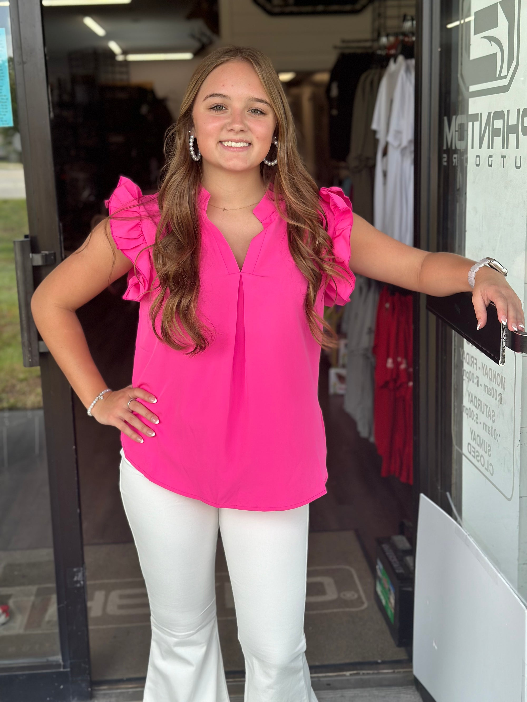 Pink Ruffle Trim Notched Neck Blouse