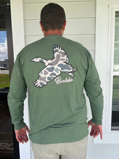 Flying Camo Duck- L/S Heather Olive Green