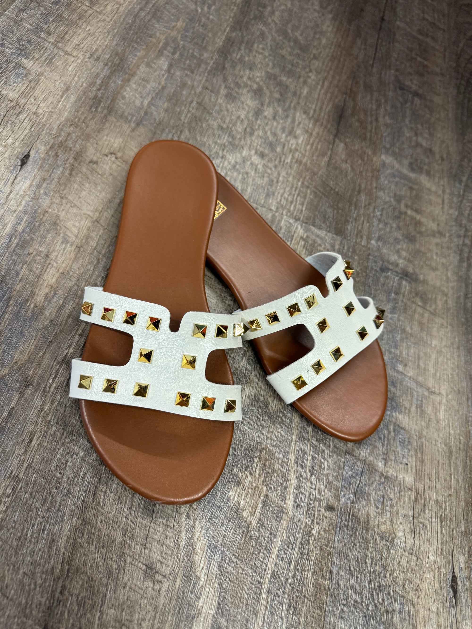 Women's White Flat Gold Spike Sandals