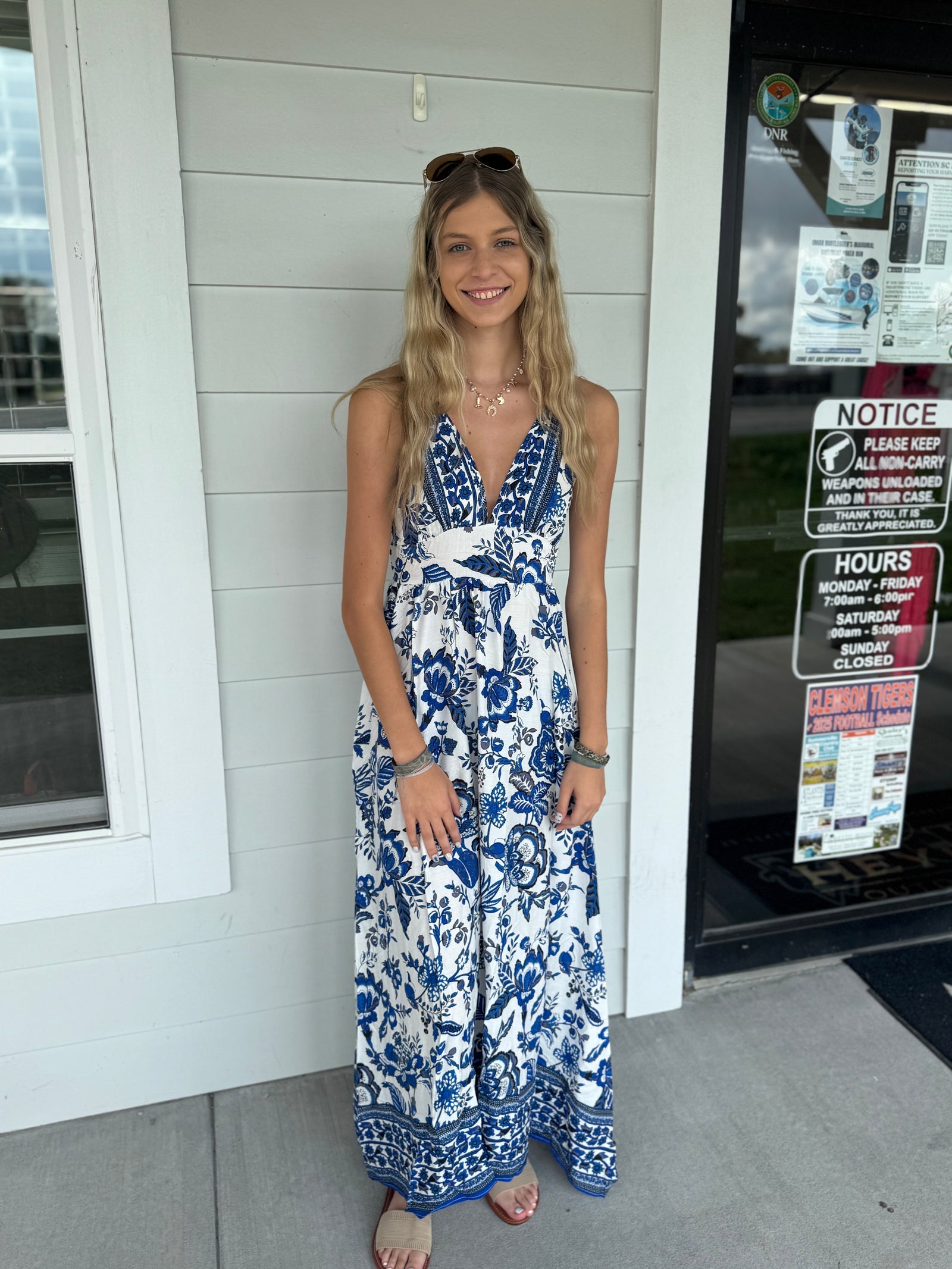 Blue Floral Cross Back Maxi Dress