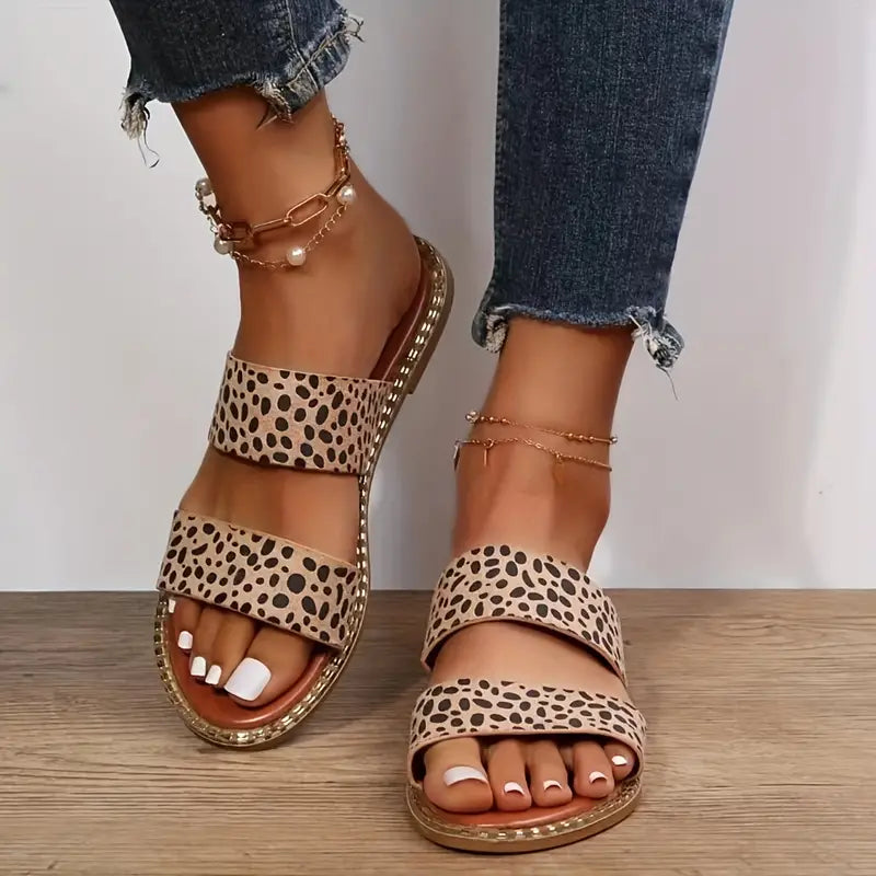 Leopard Print Strappy Flat Sandals