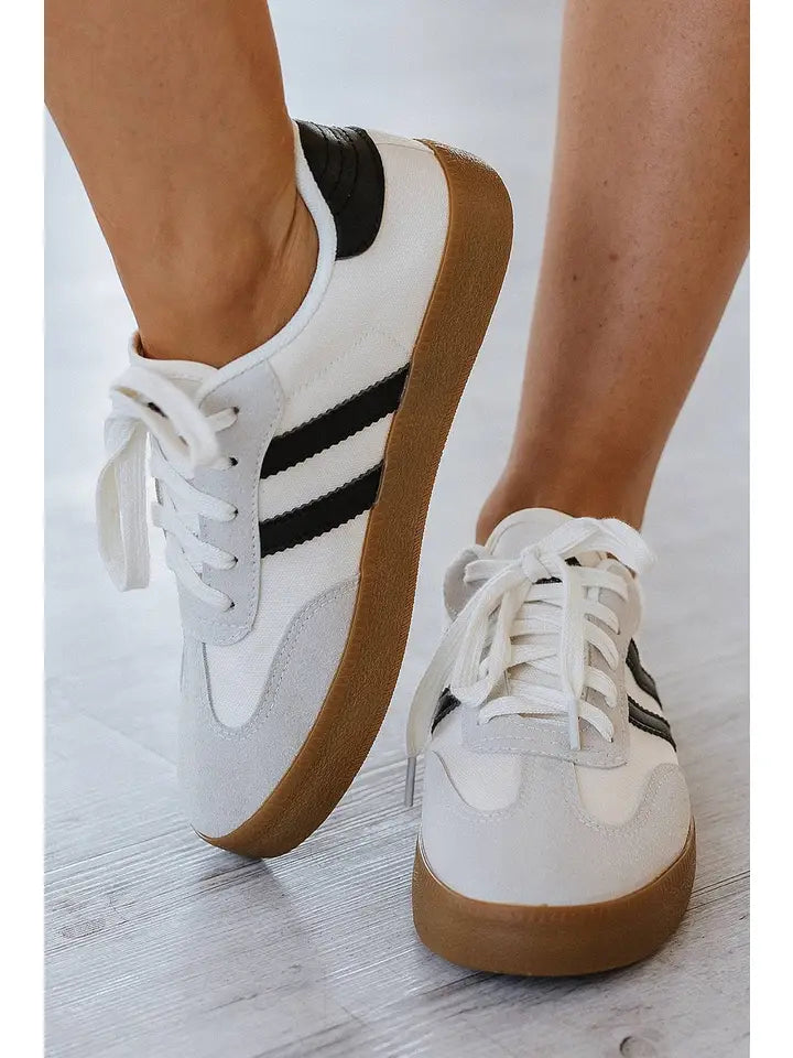 Black/White Striped Lace-Up Flat Sneakers