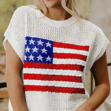 Patriotic Short Sleeve American Flag Sweater