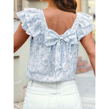 Blue/White Floral Ruffled Short Sleeve Square Neck Bow Back Blouse
