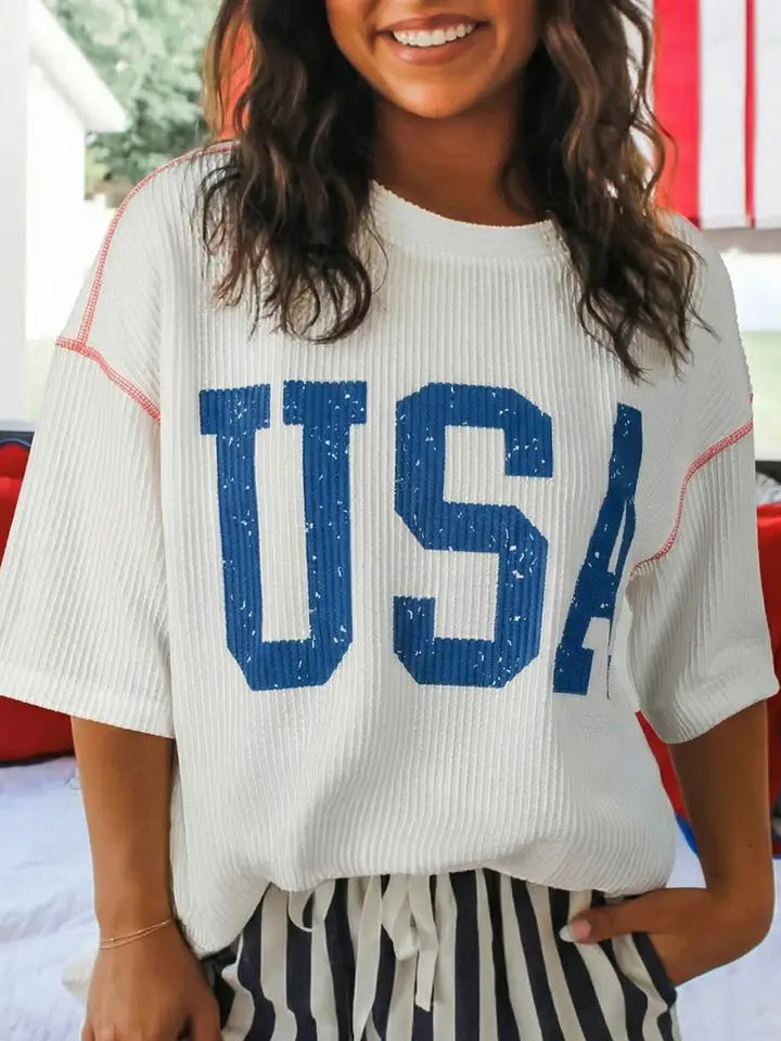 USA Ribbed Graphic Tee Loose Fit Flag Day July 4th