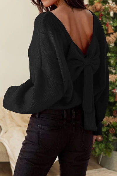 Bow Backless Crewneck Bubble Sleeve Sweater